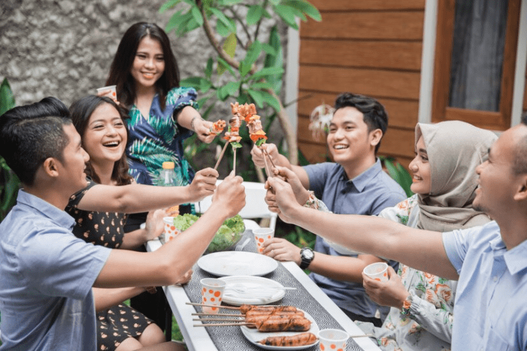 A group of people eating food
