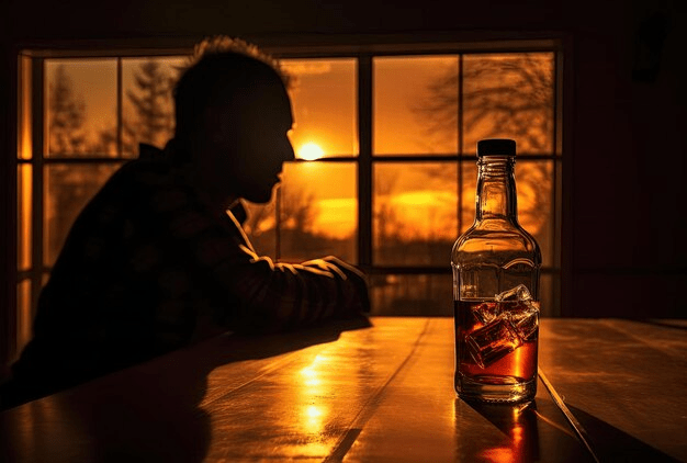 A person sitting alone at a dimly lit table with a glass of alcohol, symbolizing self-medication tendencies.