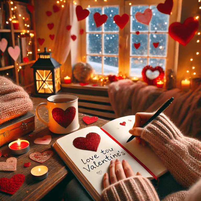 Valentine’s Day 2025 introduction image featuring self-care, reflection, and love decorations