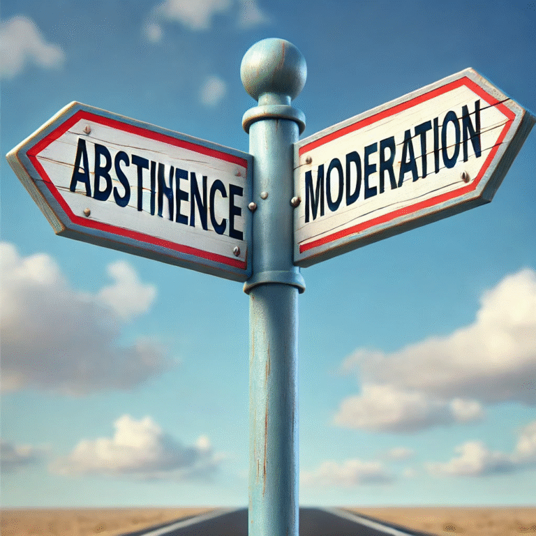 Abstinence vs. moderation—a choice between controlled drinking and complete sobriety.