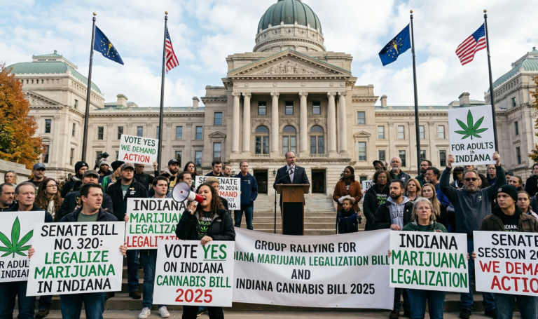 A group of protesters rallying for the Indiana marijuana legalization bill and Indiana cannabis bill 2025 outside the State Capitol