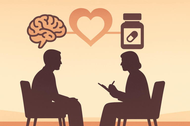 Illustration of a therapy session with patient and clinician, brain and pill icons connected by a heart symbolizing integrated dual diagnosis treatment