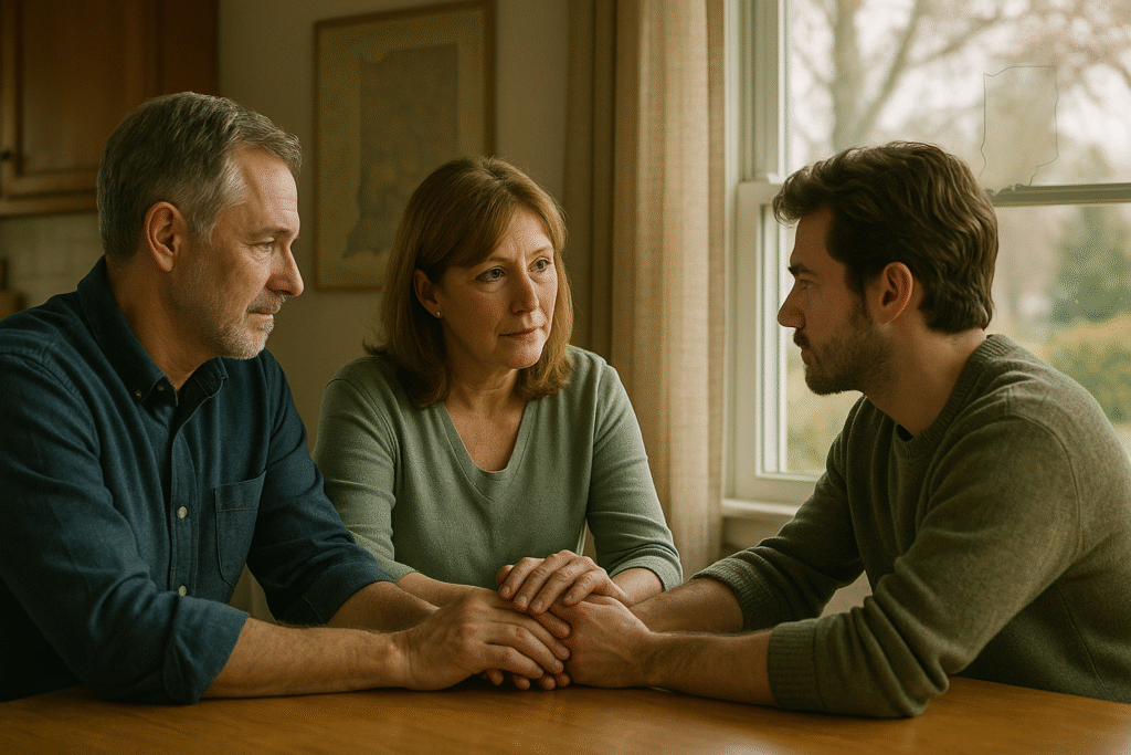 Parents offering comforting support to their adult child at a dining table, symbolizing how to help a loved one with addiction in Clark County, Indiana.