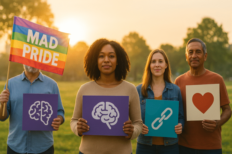 Diverse group of adults holding Mad Pride flags at sunrise, symbolizing unity in mental health advocacy and recovery.
