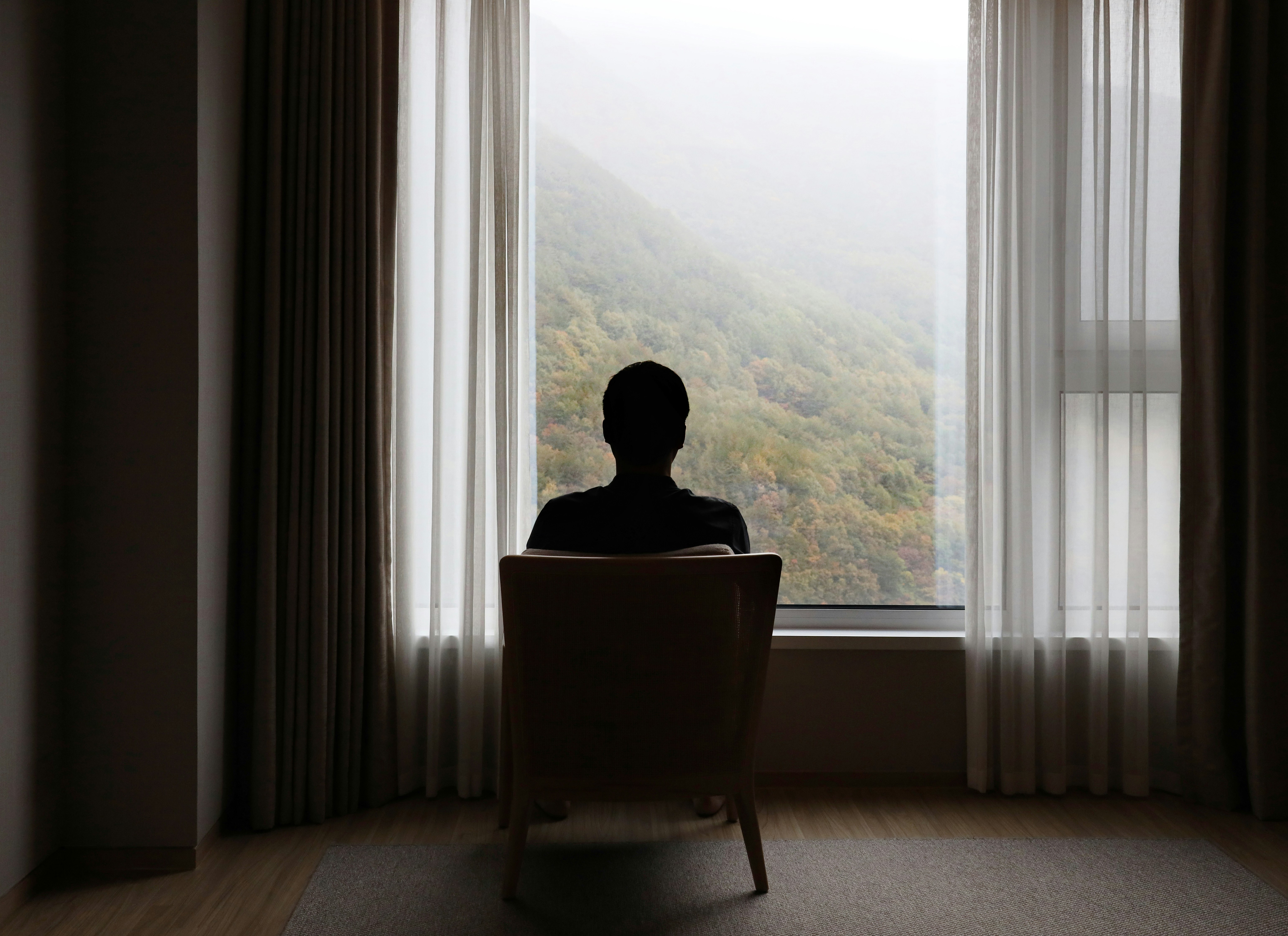 Person gazing out window toward misty hills, quietly asking themselves: do I need rehab and a fresh start.