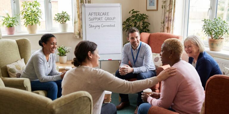 A diverse group of four middle-aged and older adults and one male facilitator are gathered in a warm, sunlit room, sitting in comfortable armchairs. They are engaged in a supportive group discussion, with one woman gently touching another's shoulder in a gesture of comfort. A whiteboard in the background reads "AFTERCARE SUPPORT GROUP: Staying Connected." Plants are visible on the windowsills, adding to the inviting atmosphere.