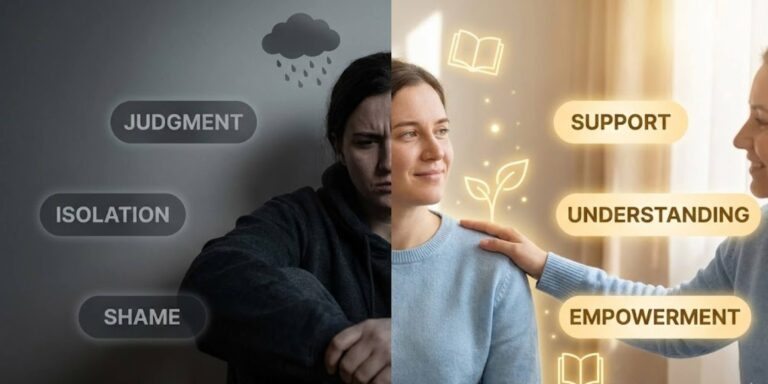 This image illustrates "What Is Stigma?" by depicting a person divided into two contrasting sides. The left side, in dark and cool tones, shows the effects of stigma through a somber expression and keywords like "JUDGMENT," "ISOLATION," and "SHAME," symbolizing its impact on mental and physical health and hindering recovery. The right side, bathed in warm, golden light, represents understanding and challenging stigma, with the person looking hopeful, supported by another individual's hand, and surrounded by positive keywords like "SUPPORT," "UNDERSTANDING," and "EMPOWERMENT," alongside symbols of growth and knowledge