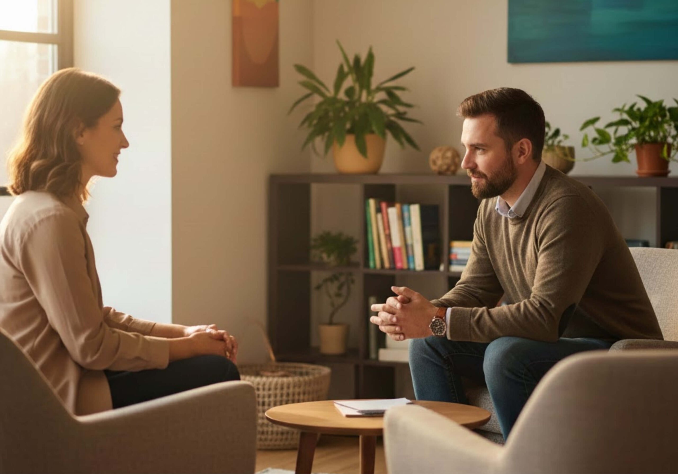 Therapist supporting a client experiencing low motivation in recovery, which illustrates addiction recovery motivation and how clinicians support clients when motivation is low.