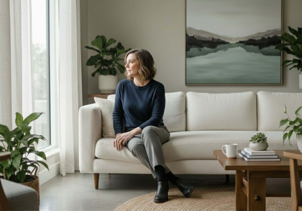 A woman sitting on a white sofa in a modern, calm office, looking out a window with a pensive expression. The image illustrates why therapy feels uncomfortable and addresses the common concern of whether therapy is supposed to be uncomfortable, reflecting the reality that therapy feels worse before it gets better.
