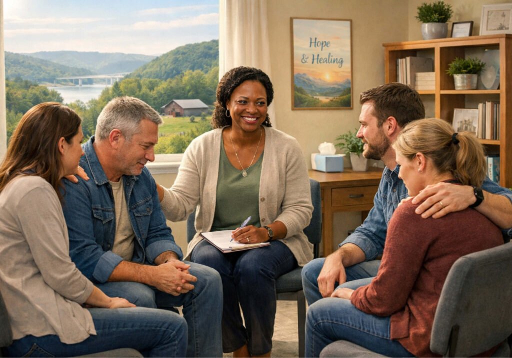 People in a counseling circle showing support and connection during co-occurring disorders treatment.