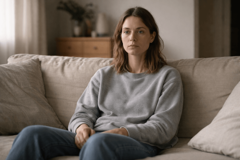 Person experiencing emotional numbness from alcohol use sitting quietly at home