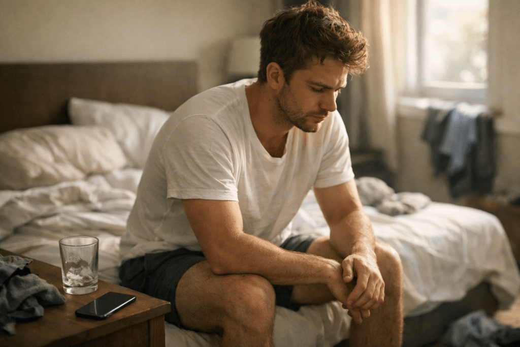 Person sitting on bed looking concerned the morning after drinking, reflecting on alcohol blackouts and memory loss in Indiana