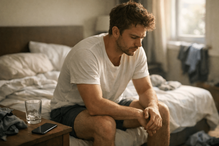 Person sitting on bed looking concerned the morning after drinking, reflecting on alcohol blackouts and memory loss in Indiana