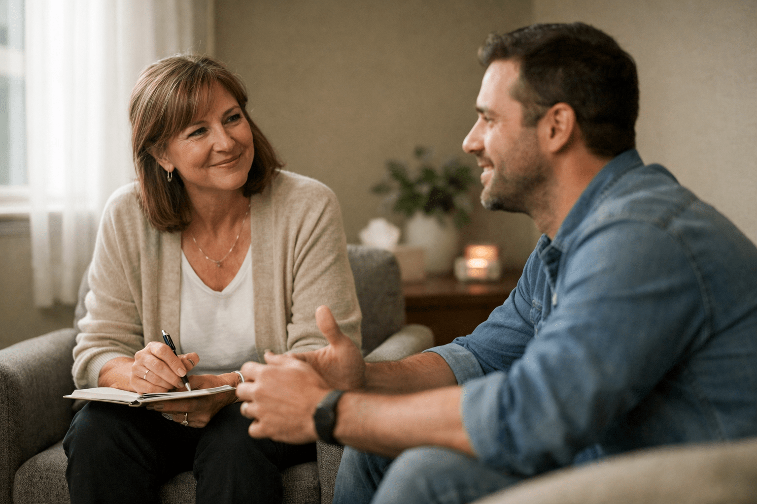 Therapist providing trauma-informed therapy in a safe and supportive setting for addiction recovery in Indiana