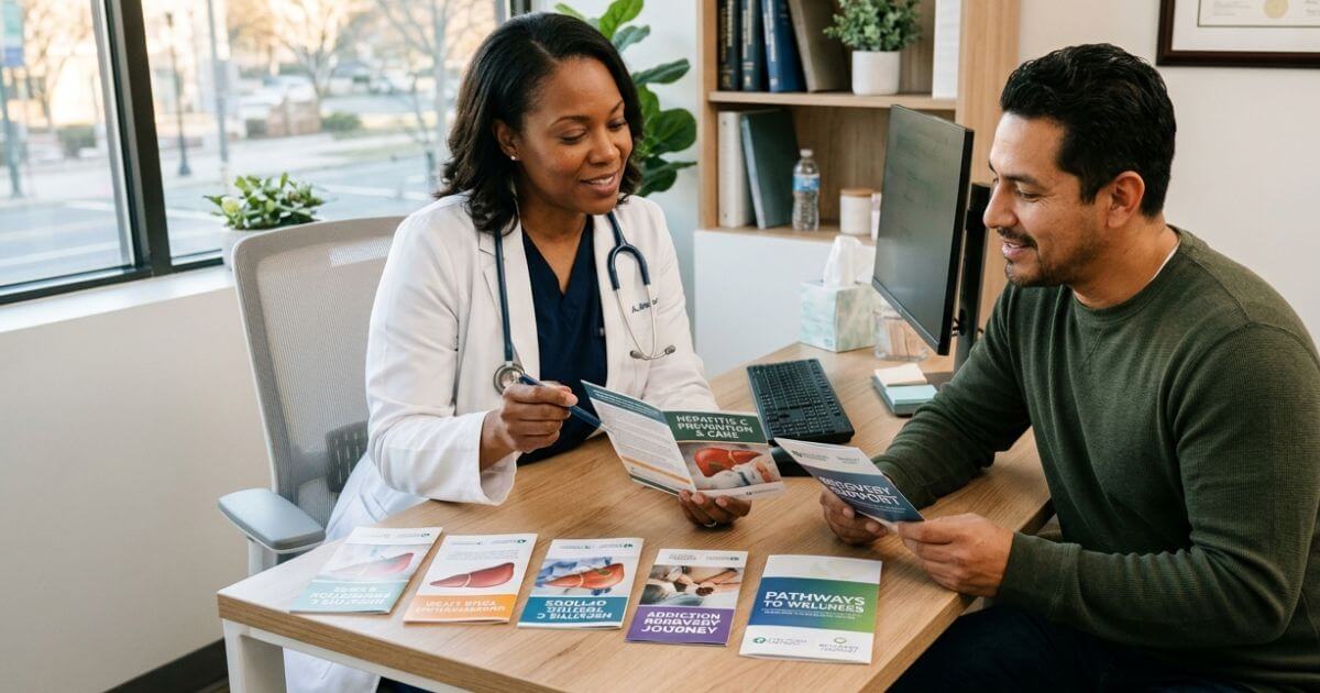 Healthcare professional discussing hepatitis C and drug use, hepatitis C testing, prevention, and addiction recovery with an adult patient.