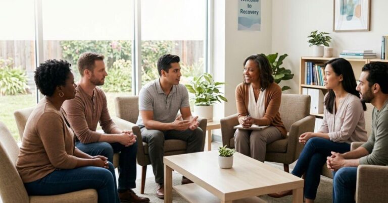 Healthcare professional speaking with a diverse group of adults about minority mental health, addiction treatment, and compassionate recovery support.