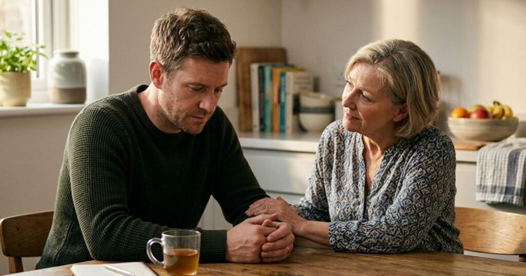 Adult sitting quietly while a loved one offers support during a conversation about early signs of addiction and recovery