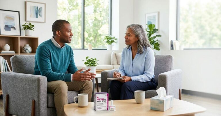 Healthcare professional discussing overdose prevention, naloxone, overdose risk factors, and recovery support with an adult.