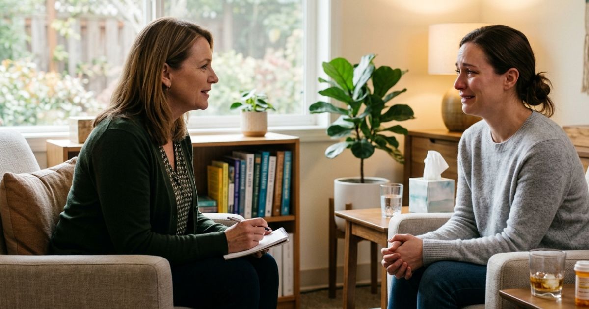 Behavioral health professional talking with an adult about self-medicating with alcohol or drugs, mental health challenges, and integrated addiction treatment.
