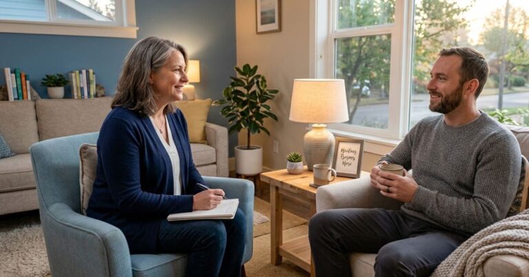 Behavioral health professional discussing sleep and addiction recovery with an adult, focusing on healthy sleep habits, insomnia in recovery, and long-term sobriety.