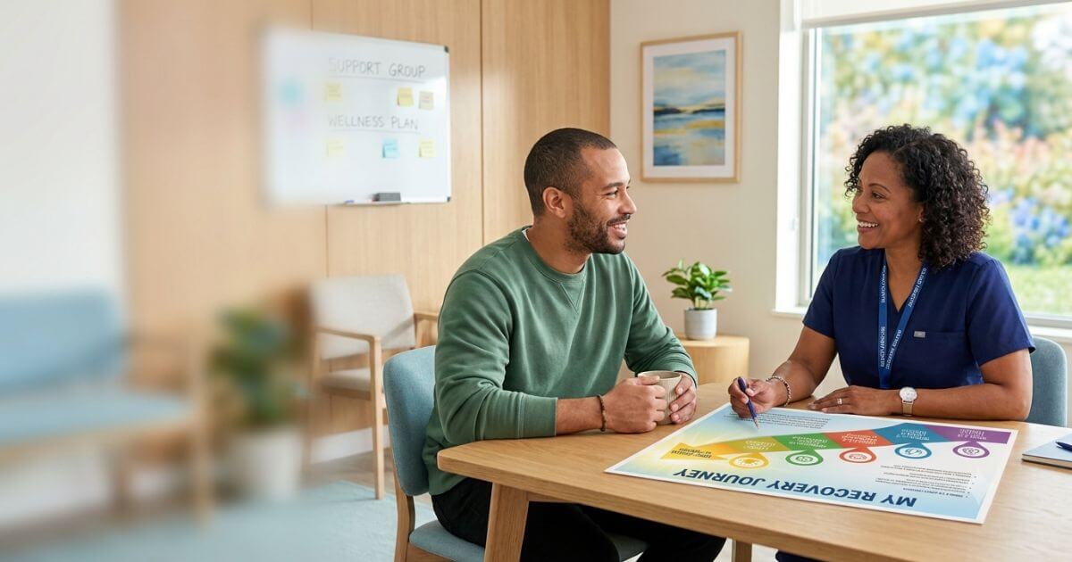 Healthcare professional supporting an adult through the stages of addiction recovery, including early recovery, treatment, and long-term recovery planning.