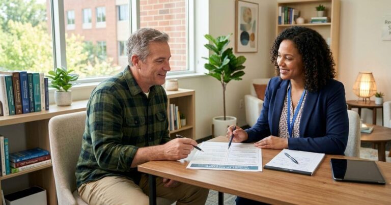 Healthcare professional talking with an adult patient about alcohol use disorder symptoms, treatment options, and recovery support.