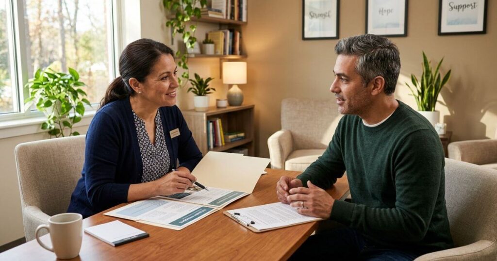 Person discussing addiction treatment programs with a healthcare professional