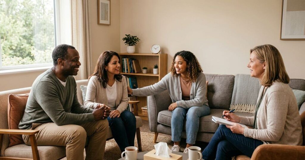 Family participating in therapy for addiction recovery, building communication, trust, and healthy boundaries.