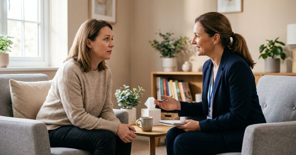 Person speaking with a recovery professional about seeking addiction treatment and support.