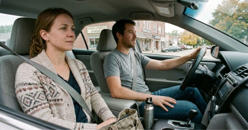 A man and woman in an early sobriety stage, driving in a car on a journey of recovery together with supporting family