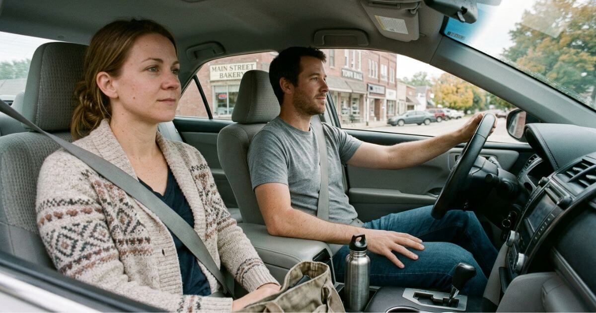 A man and woman in an early sobriety stage, driving in a car on a journey of recovery together with supporting family