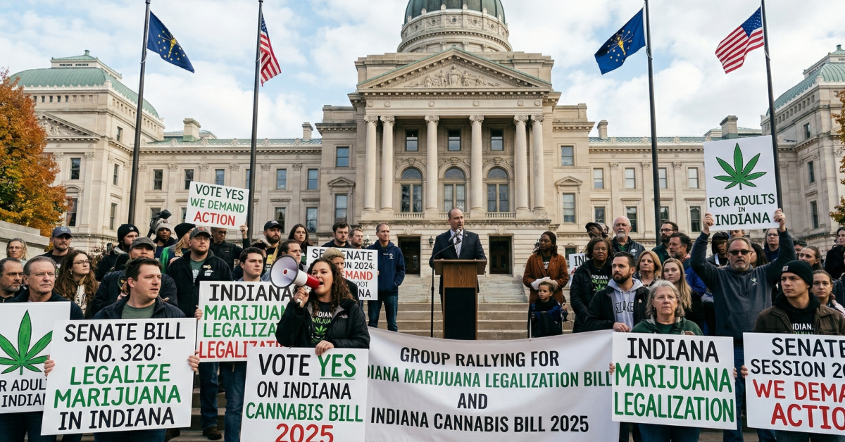 A group of protesters rallying for the Indiana marijuana legalization bill and Indiana cannabis bill 2025 outside the State Capitol