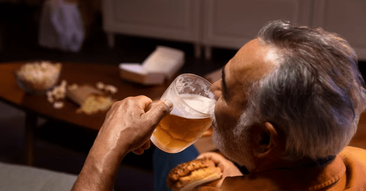 A person drinking beer while sitting on a couch