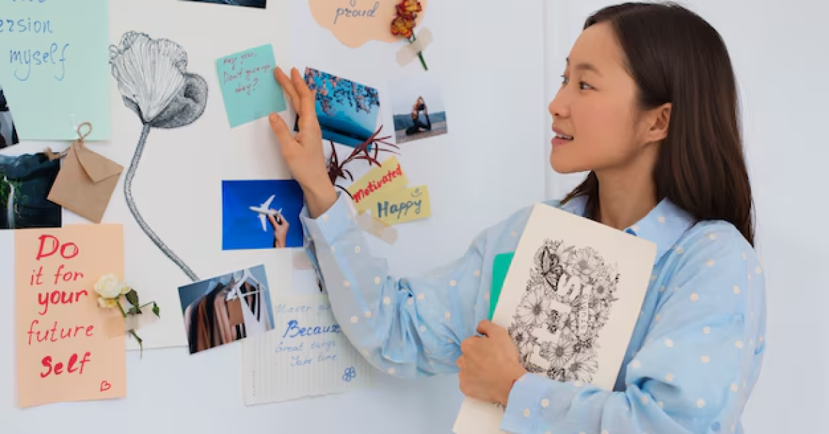 A person holding a piece of paper and a note on a wall