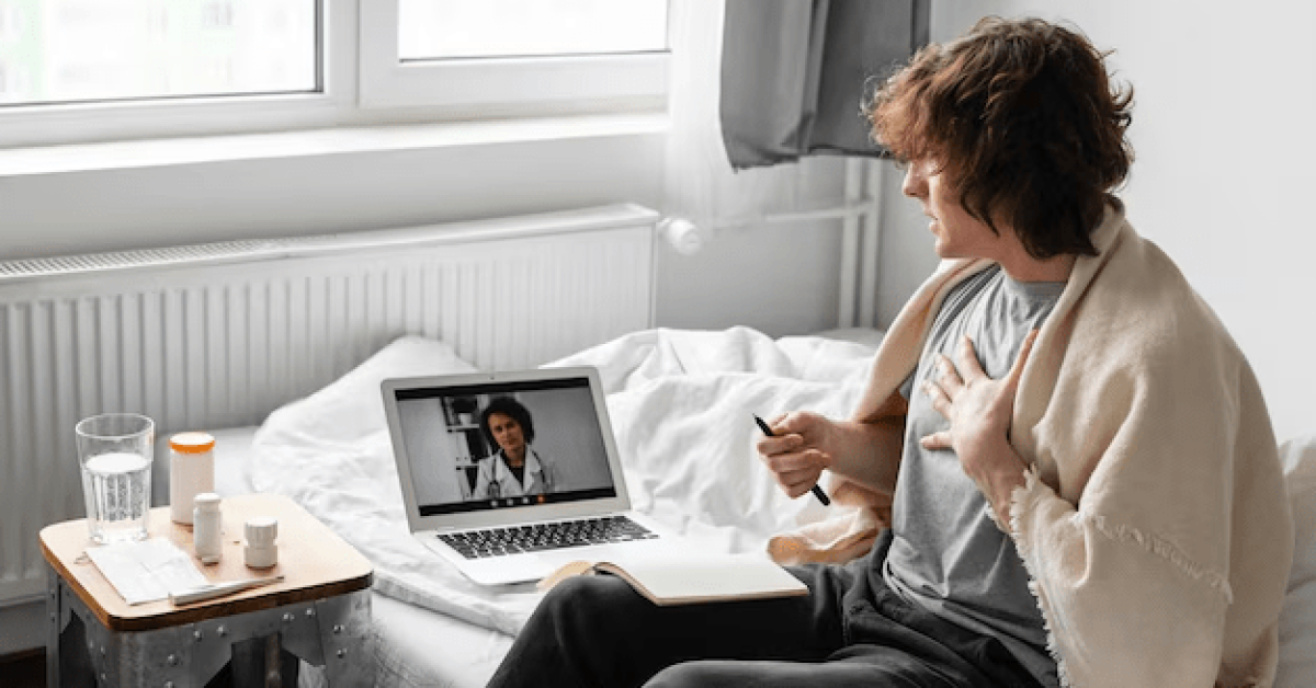 A person attending mental health therapy online, engaging in a virtual session for emotional well-being.