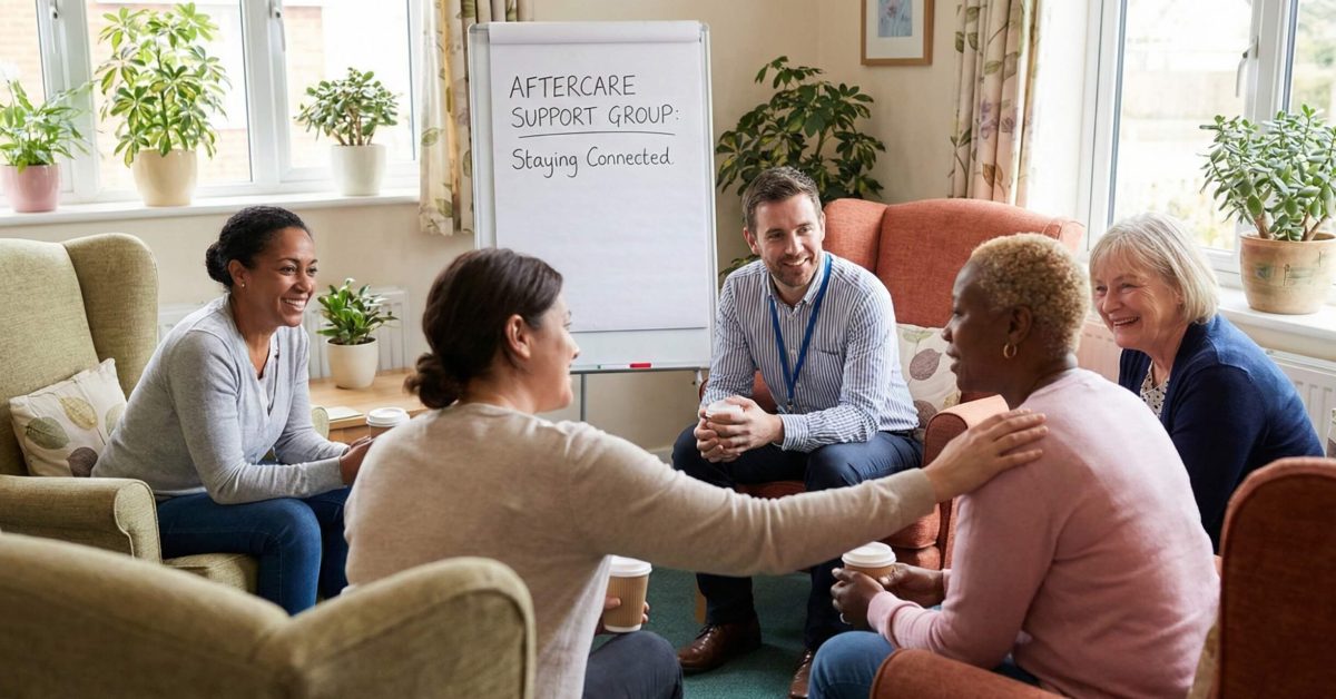 A diverse group of four middle-aged and older adults and one male facilitator are gathered in a warm, sunlit room, sitting in comfortable armchairs. They are engaged in a supportive group discussion, with one woman gently touching another's shoulder in a gesture of comfort. A whiteboard in the background reads "AFTERCARE SUPPORT GROUP: Staying Connected." Plants are visible on the windowsills, adding to the inviting atmosphere.