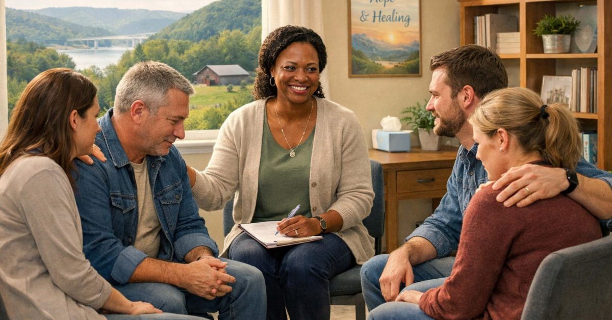 People in a counseling circle showing support and connection during co-occurring disorders treatment.