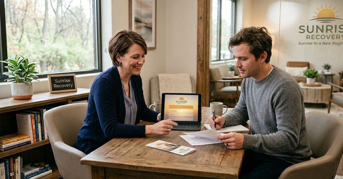 Person researching drug treatment centers in Indiana while speaking with an addiction treatment admissions counselor.