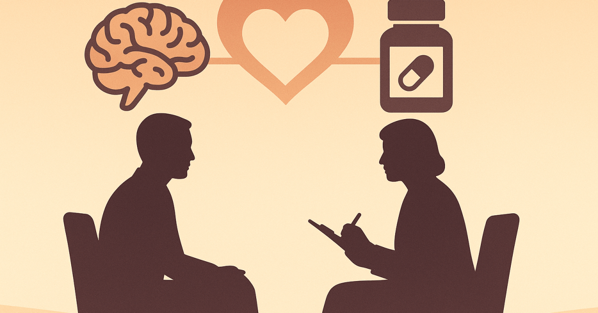 Illustration of a therapy session with patient and clinician, brain and pill icons connected by a heart symbolizing integrated dual diagnosis treatment
