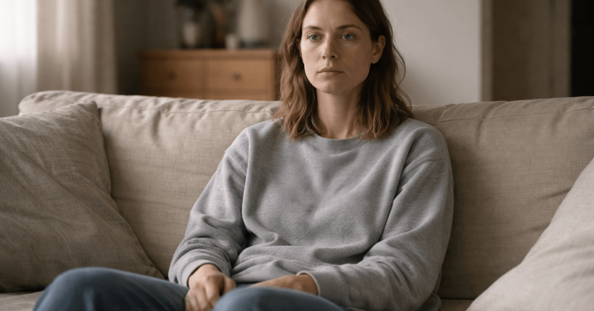 Person experiencing emotional numbness from alcohol use sitting quietly at home