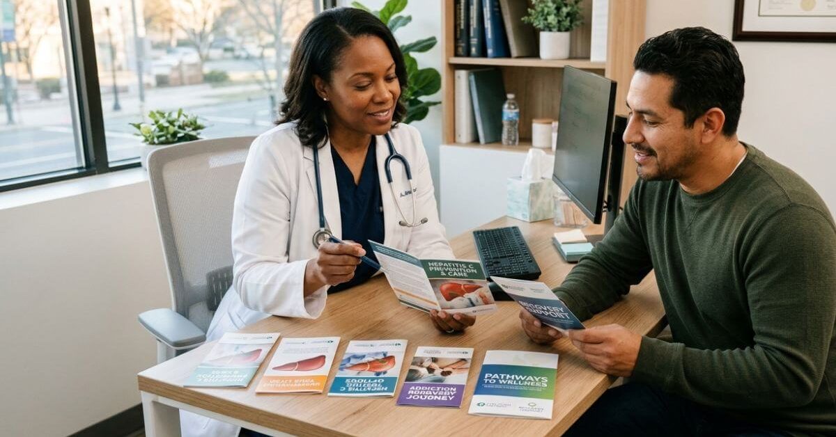 Healthcare professional discussing hepatitis C and drug use, hepatitis C testing, prevention, and addiction recovery with an adult patient.