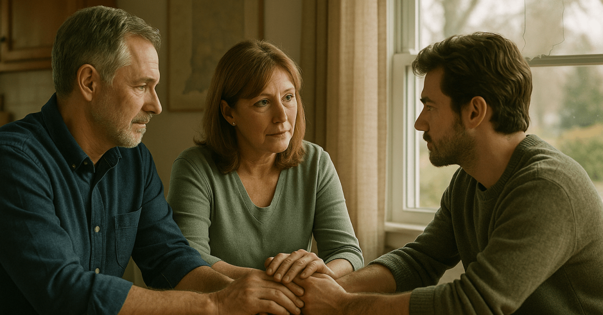 Parents offering comforting support to their adult child at a dining table, symbolizing how to help a loved one with addiction in Clark County, Indiana.