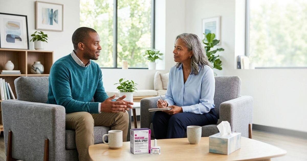 Healthcare professional discussing overdose prevention, naloxone, overdose risk factors, and recovery support with an adult.