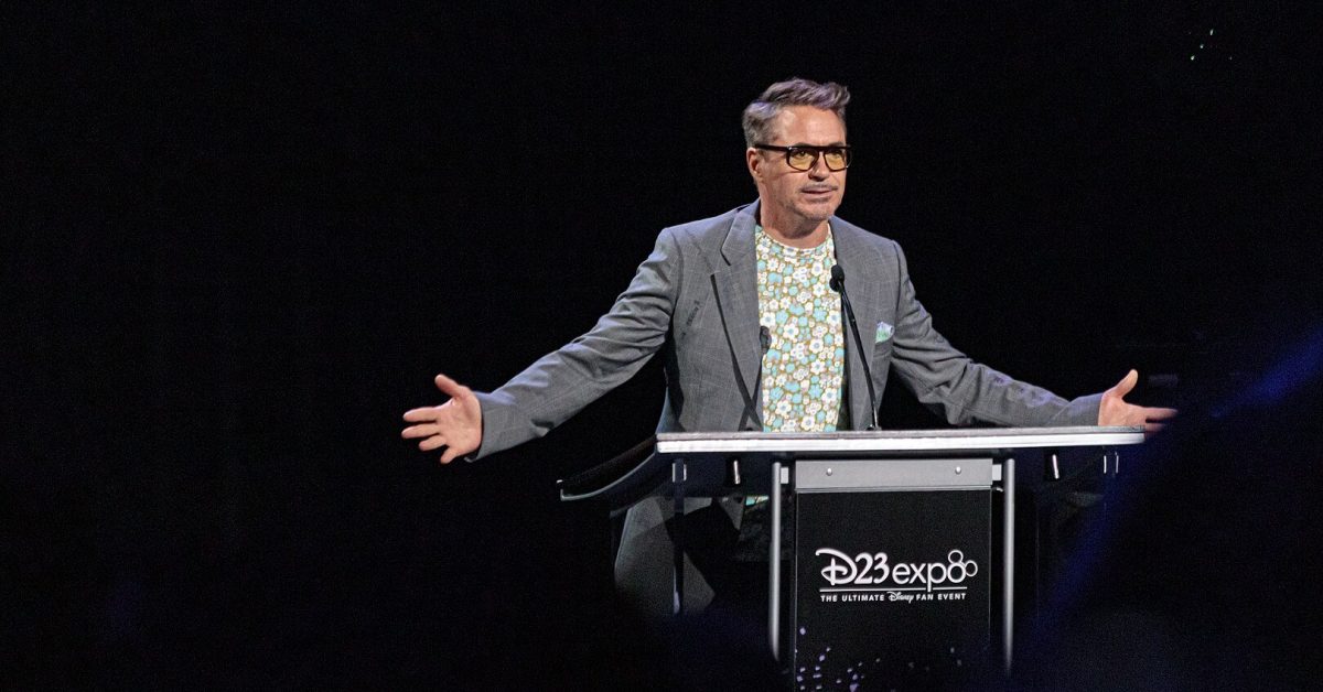 robert downey jr addiction: Robert Downey Jr. on stage at the 2019 Disney Legends Awards Ceremony, speaking at a podium about his journey to recovery.