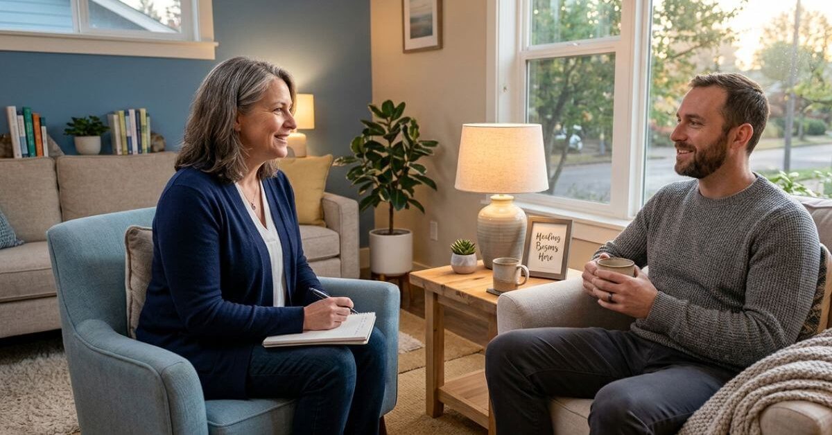 Behavioral health professional discussing sleep and addiction recovery with an adult, focusing on healthy sleep habits, insomnia in recovery, and long-term sobriety.