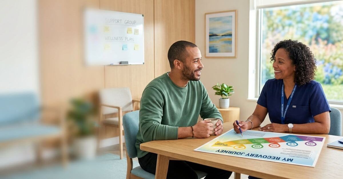 Healthcare professional supporting an adult through the stages of addiction recovery, including early recovery, treatment, and long-term recovery planning.
