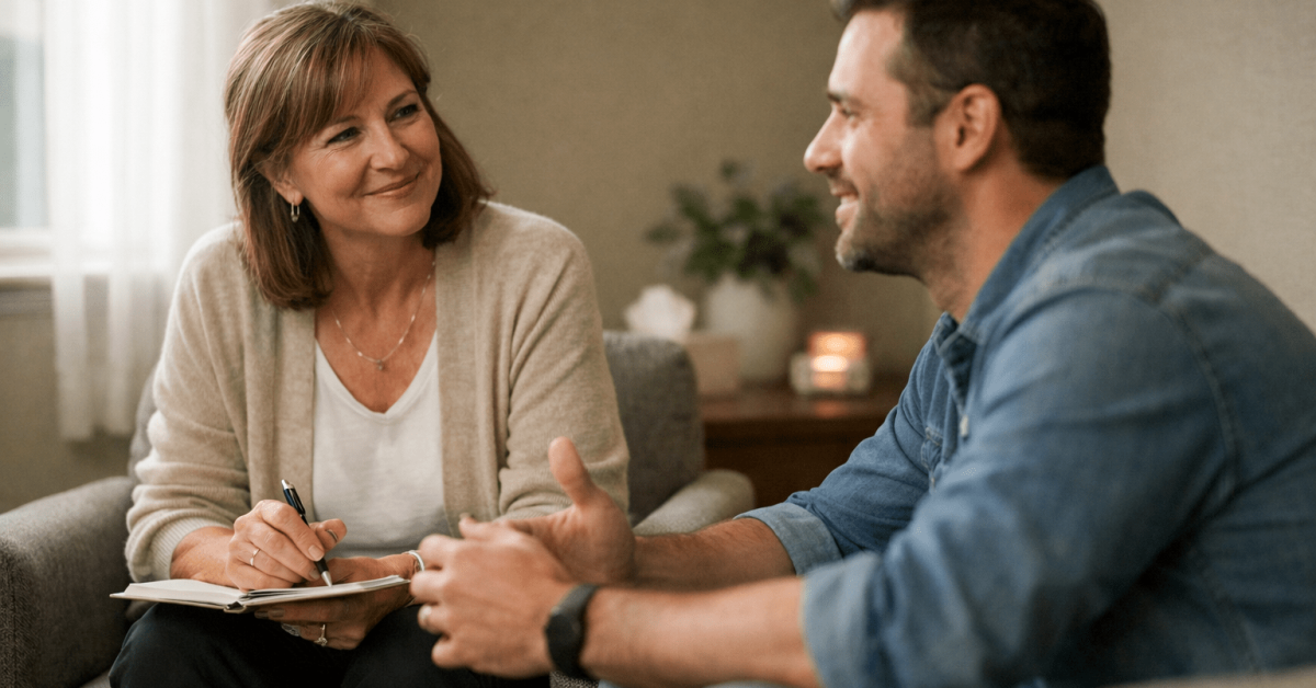 Therapist providing trauma-informed therapy in a safe and supportive setting for addiction recovery in Indiana