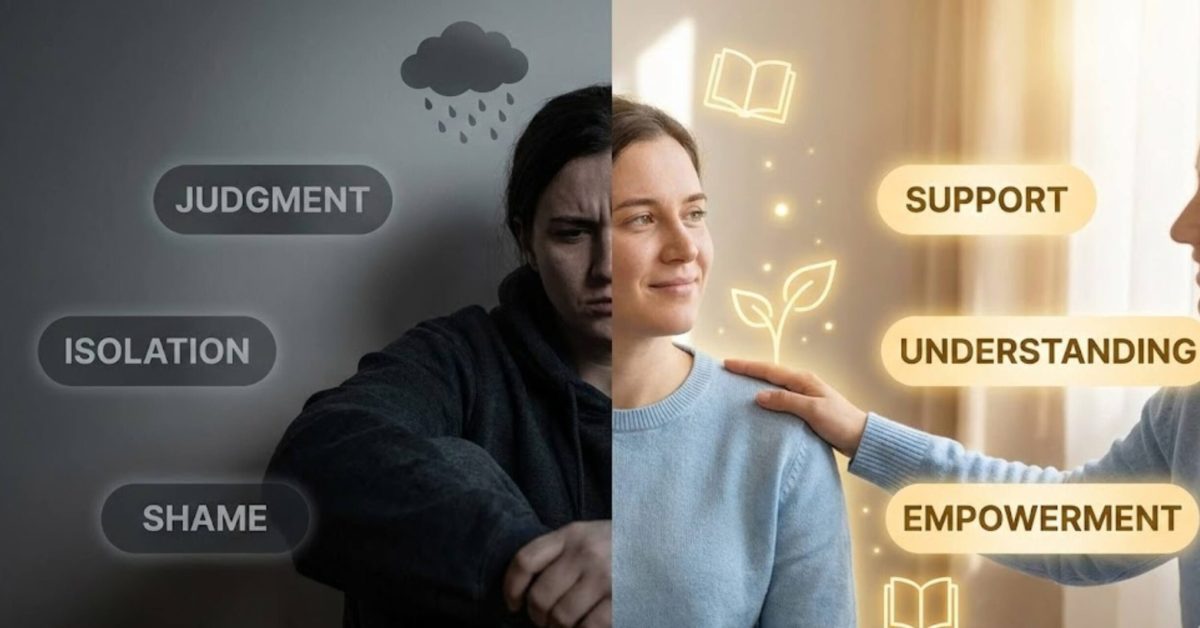 This image illustrates "What Is Stigma?" by depicting a person divided into two contrasting sides. The left side, in dark and cool tones, shows the effects of stigma through a somber expression and keywords like "JUDGMENT," "ISOLATION," and "SHAME," symbolizing its impact on mental and physical health and hindering recovery. The right side, bathed in warm, golden light, represents understanding and challenging stigma, with the person looking hopeful, supported by another individual's hand, and surrounded by positive keywords like "SUPPORT," "UNDERSTANDING," and "EMPOWERMENT," alongside symbols of growth and knowledge