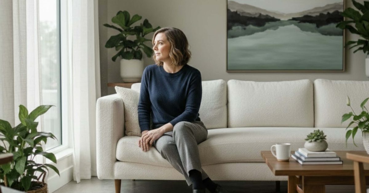 A woman sitting on a white sofa in a modern, calm office, looking out a window with a pensive expression. The image illustrates why therapy feels uncomfortable and addresses the common concern of whether therapy is supposed to be uncomfortable, reflecting the reality that therapy feels worse before it gets better.